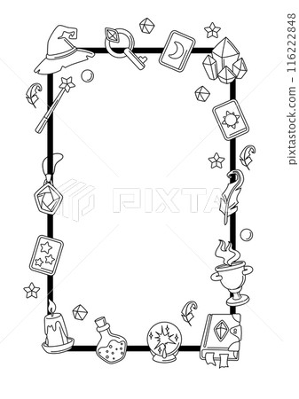 Frame with magic items. Witchcraft alchemy mystery elements. 116222848