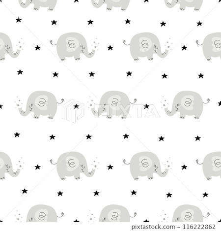 Bohemian Baby pattern with Elephant. Gender Neutral Nursery Cute Ornaments. Vector illustration in flat cartoon style. Boho print for kids 116222862