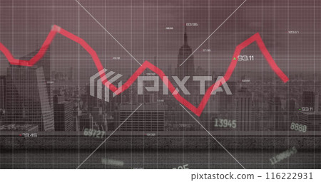 Image of changing numbers floating over data processing against aerial view of cityscape 116222931