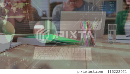 Image of financial data processing over diverse business people having meeting at office Image of financial data processing over diverse business people having meeting at office 116222951
