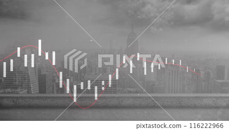 Image of statistical data processing against aerial view of cityscape 116222966