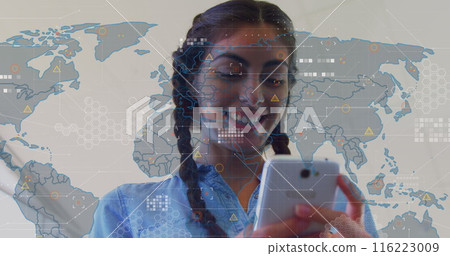Image of geometric shapes on map over low angle view of smiling biracial woman using cellphone Image of geometric shapes on map over low angle view of smiling biracial woman using cellphone 116223009