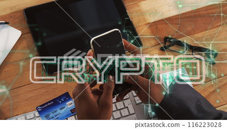 Image of crypto text and data processing over african american man using smartphone Image of crypto text and data processing over african american man using smartphone 116223028