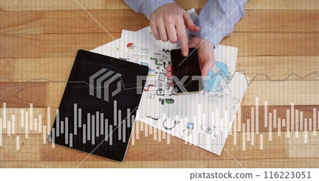 Image of financial data processing over caucasian man using tablet and smartphone Image of financial data processing over caucasian man using tablet and smartphone 116223051