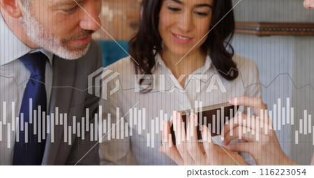 Image of financial data processing over caucasian woman using smartphone 116223054