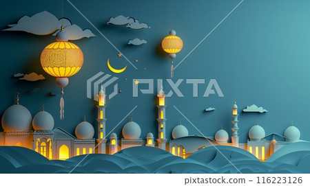 ramadan kareem paper cut illustration background. islamic lantern for eid mubarak greeting banner cover card. 3d art of a mosque with a moon and stars 116223126