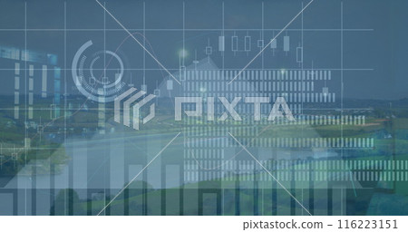 Image of financial data and graphs over road traffic, copy space 116223151