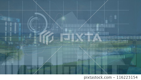 Image of financial data and graphs over road traffic, copy space 116223154