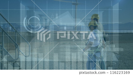 Image of financial data and graphs over diverse engineers and wind turbines, copy space 116223169