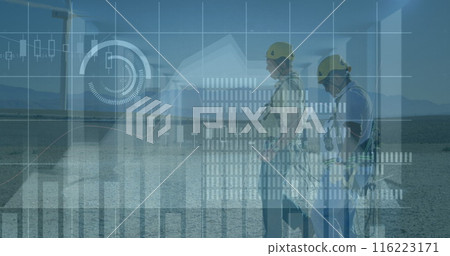 Image of financial data and graphs over diverse engineers and wind turbines, copy space Image of financial data and graphs over diverse engineers and wind turbines, copy space 116223171