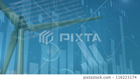 Image of financial data and graphs over landscape with wind turbines, copy space Image of financial data and graphs over landscape with wind turbines, copy space 116223174
