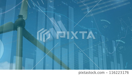 Image of financial data and graphs over landscape with wind turbines, copy space Image of financial data and graphs over landscape with wind turbines, copy space 116223176