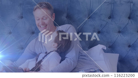 Image of light spots over caucasian father smiling with daughter at home Image of light spots over caucasian father smiling with daughter at home 116223200