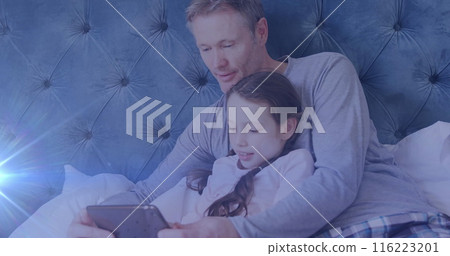 Image of light spots over caucasian father smiling with daughter at home Image of light spots over caucasian father smiling with daughter at home 116223201