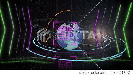 Image of qr code over geometrical shapes and globe, copy space Image of qr code over geometrical shapes and globe, copy space 116223207