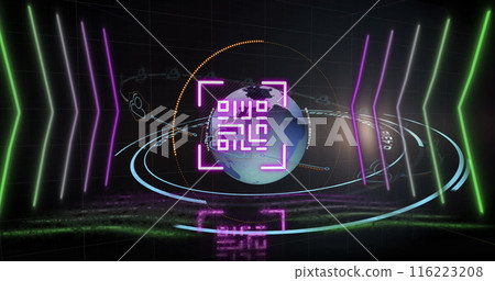 Image of qr code over geometrical shapes and globe, copy space Image of qr code over geometrical shapes and globe, copy space 116223208