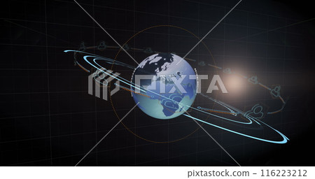 Image of qr code over geometrical shapes and globe, copy space 116223212