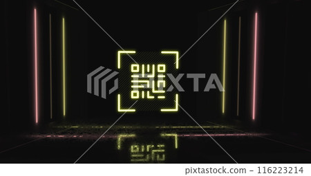 Image of qr code over neon geometrical shapes, copy space 116223214