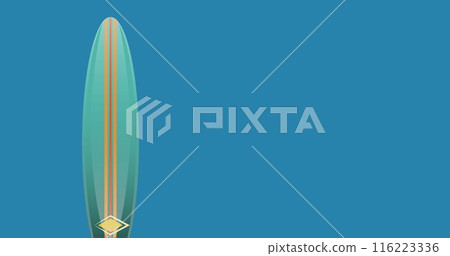 Image of globe and surfboard over blue background 116223336