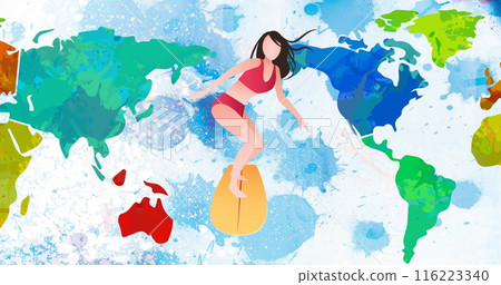 Image of cartoon woman surfboarding over world map on white background with blue stains 116223340