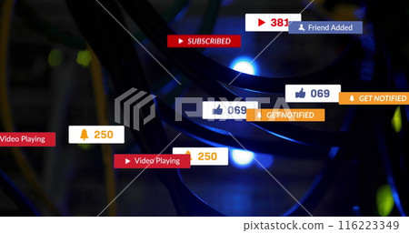 Multiple social media concept icons falling against close up of a computer server 116223349