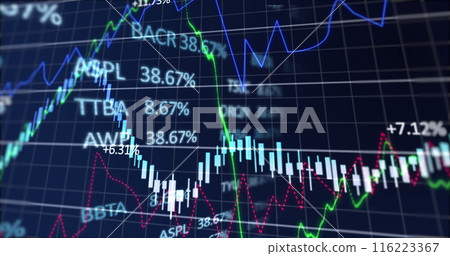 Digital image of financial and stock market data processing against blue background Digital image of financial and stock market data processing against blue background 116223367