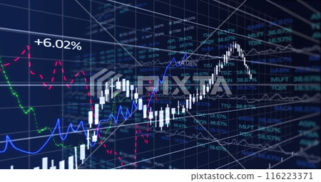 Digital image of financial and stock market data processing against blue background Digital image of financial and stock market data processing against blue background 116223371
