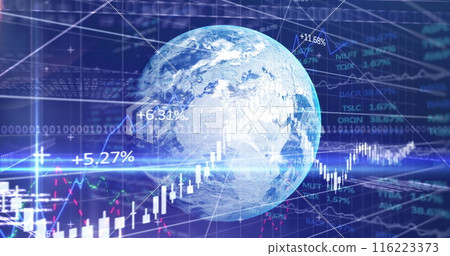 Image of financial graph and globe on navy background Image of financial graph and globe on navy background 116223373