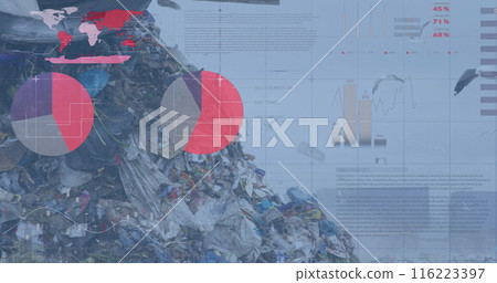 Image of financial data processing over landfill site, copy space 116223397