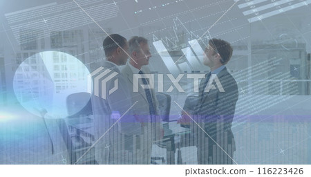Image of financial data processing over diverse business people in office, copy space Image of financial data processing over diverse business people in office, copy space 116223426