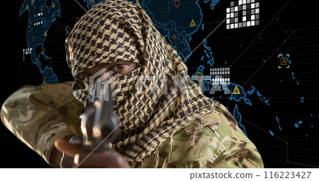 Image of soldier in ghutra headscarf holding gun over data processing on world map Image of soldier in ghutra headscarf holding gun over data processing on world map 116223427