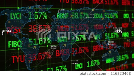 Image of stock market over world map on black background Image of stock market over world map on black background 116223468