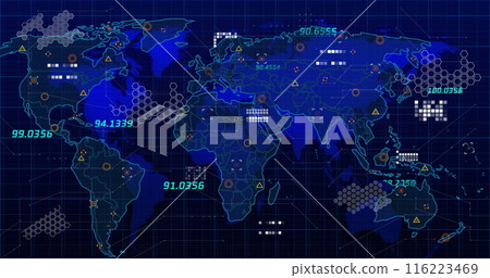 Image of data processing over world map on black background Image of data processing over world map on black background 116223469