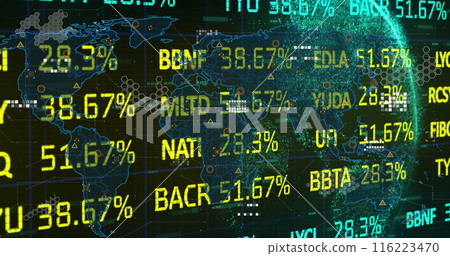 Image of stock market over world map and globe on black background Image of stock market over world map and globe on black background 116223470