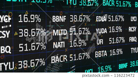 Image of stock market over data processing on black background 116223472