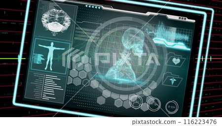 Image of medical data processing over financial data processing on black background Image of medical data processing over financial data processing on black background 116223476