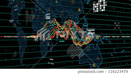 Image of financial data processing over world map on black background 116223479