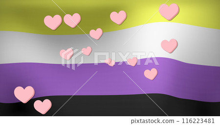 Image of hearts floating over striped flag 116223481