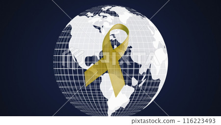 Image of yellow ribbon over spinning globe on blue background, copy space 116223493