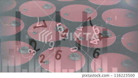 Image of numbers, statistics, financial data processing over red barrels of petrol 116223500