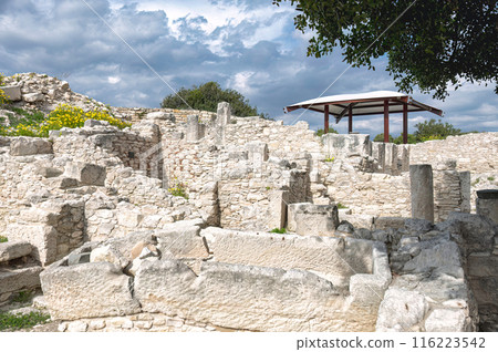 Ancient ruins of Roman house under cloudy sky at Kourion Archaeological Site. Limassol District 116223542