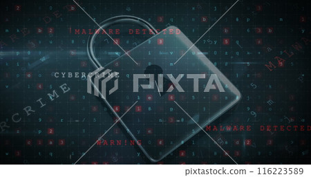 A digital padlock surrounded by floating text and numbers indicating cybersecurity threats A digital padlock surrounded by floating text and numbers indicating cybersecurity threats 116223589
