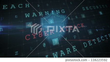 Digital representation of cybersecurity threat with words CYBER ATTACK highlighted Digital representation of cybersecurity threat with words CYBER ATTACK highlighted 116223592