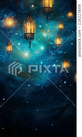 Arabic lantern Light Lamp watercolor illustration. oil painting Islamic Ramadan Kareem, iftar festival or Eid Mubarak banner background 116223609