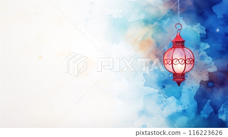 Arabic lantern Light Lamp watercolor illustration. oil painting Islamic Ramadan Kareem, iftar festival or Eid Mubarak banner background 116223626