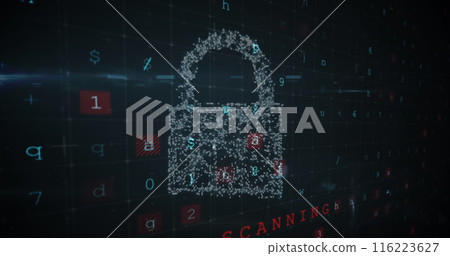 Digital lock icon made of particles floating on dark background with scattered numbers 116223627