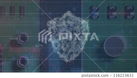 Digital shield graphic overlaying electronic components and financial charts 116223631
