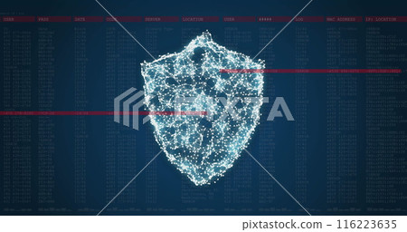 Digital shield made of interconnected nodes glowing against dark background Digital shield made of interconnected nodes glowing against dark background 116223635