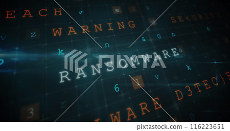 Digital screen displays word RANSOMWARE among various cybersecurity-related terms Digital screen displays word RANSOMWARE among various cybersecurity-related terms 116223651