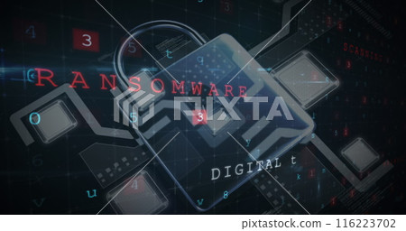 Digital lock icon with word RANSOMWARE in bold letters Digital lock icon with word RANSOMWARE in bold letters 116223702
